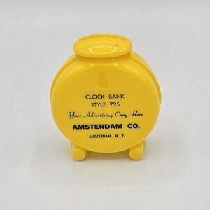 RARE Vtg 60s Yellow Plastic Salesman Sample Clock‎ Coin Bank Amsterdam Co. NY